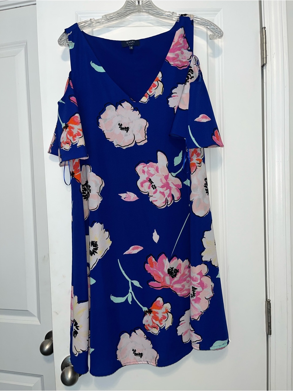 Kaari Blue Royal Blue Floral Cold-Shoulder Midi Dress